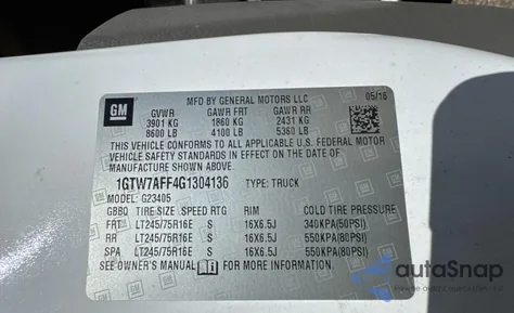 2016 GMC Savana G2500 из США, поврежденный, VIN 1GTW7AFF4G1304136